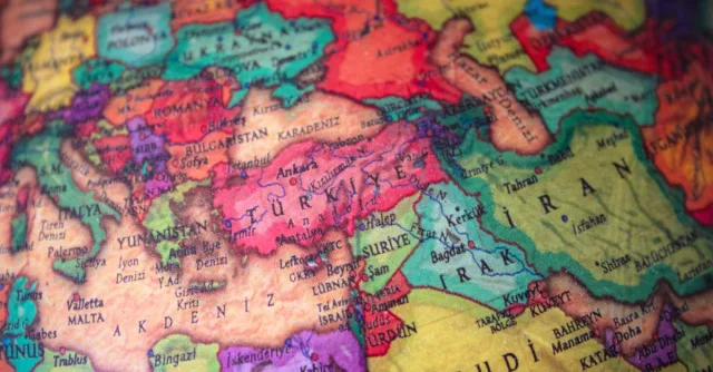 Vibrant map featuring countries in the Middle East and Europe with detailed borders.