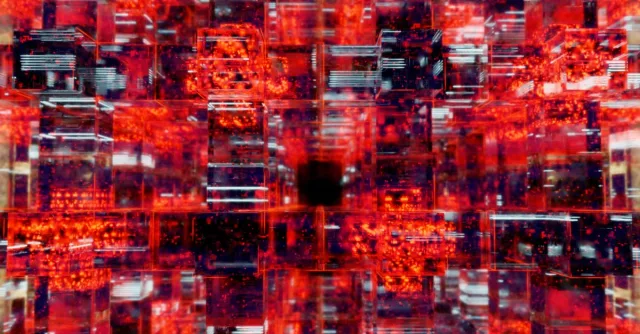Vibrant digital art showcasing an abstract matrix with red and black hues.