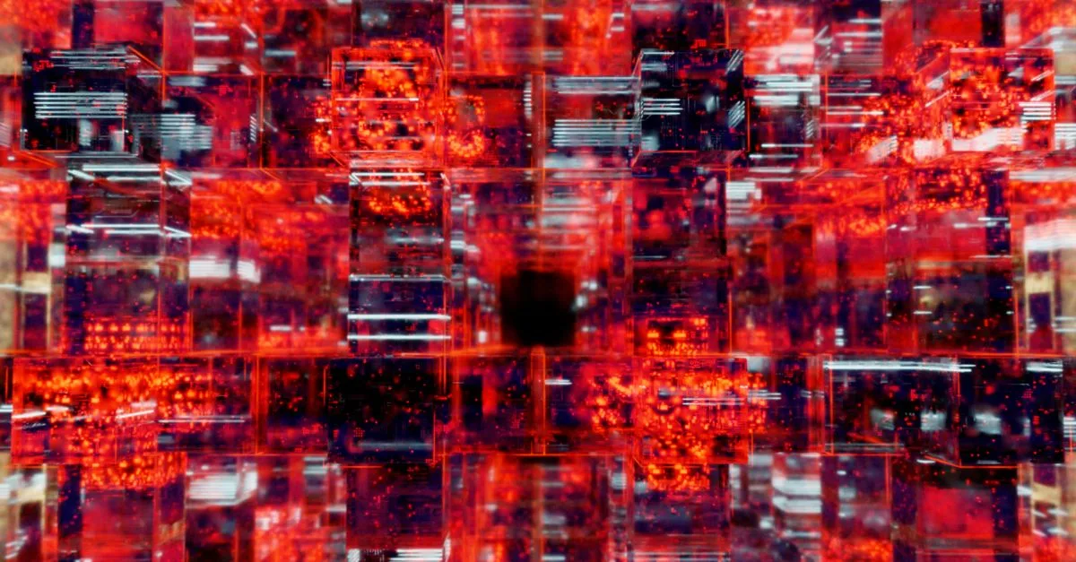 Vibrant digital art showcasing an abstract matrix with red and black hues.