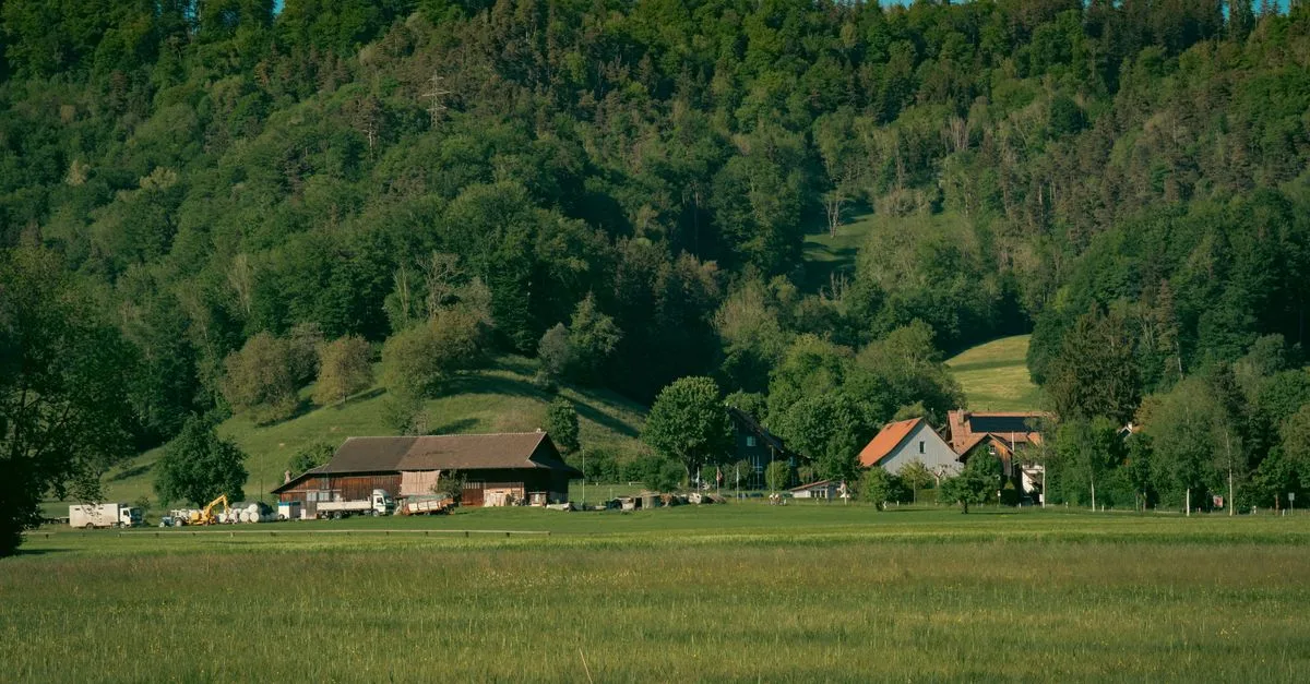 Idyllic countryside scene with farmhouses, green pastures, and lush forested hills under a clear blue sky.