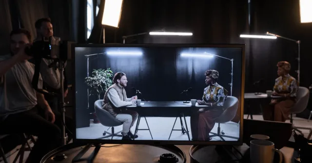 A podcast recording session in a studio with hosts in conversation, captured on screen.