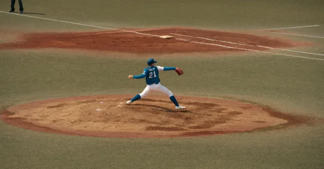 Baseball player mid-throw during a game at a Tokyo baseball field. Capturing the intensity and focus of sports.