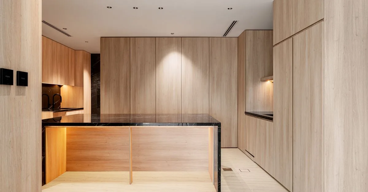 Sleek modern kitchen design featuring wood paneling and black marble countertops.