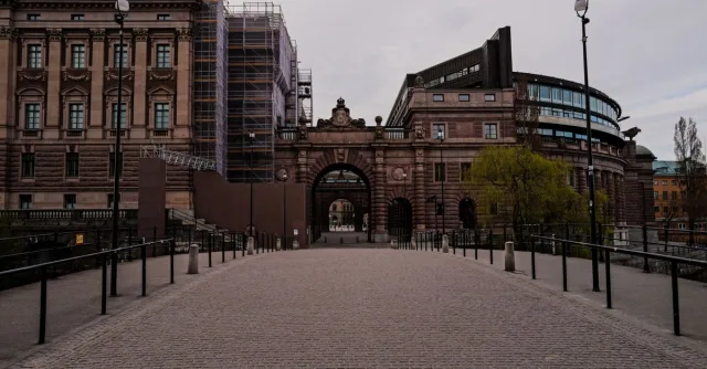 Architectural view of the Swedish Parliament House in Stockholm, taken in spring. No people present.