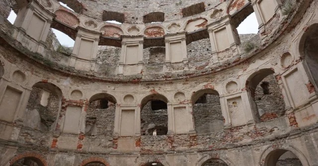Interior of Krzyżtopór Castle ruins showing architectural details in Ujazd, Poland.
