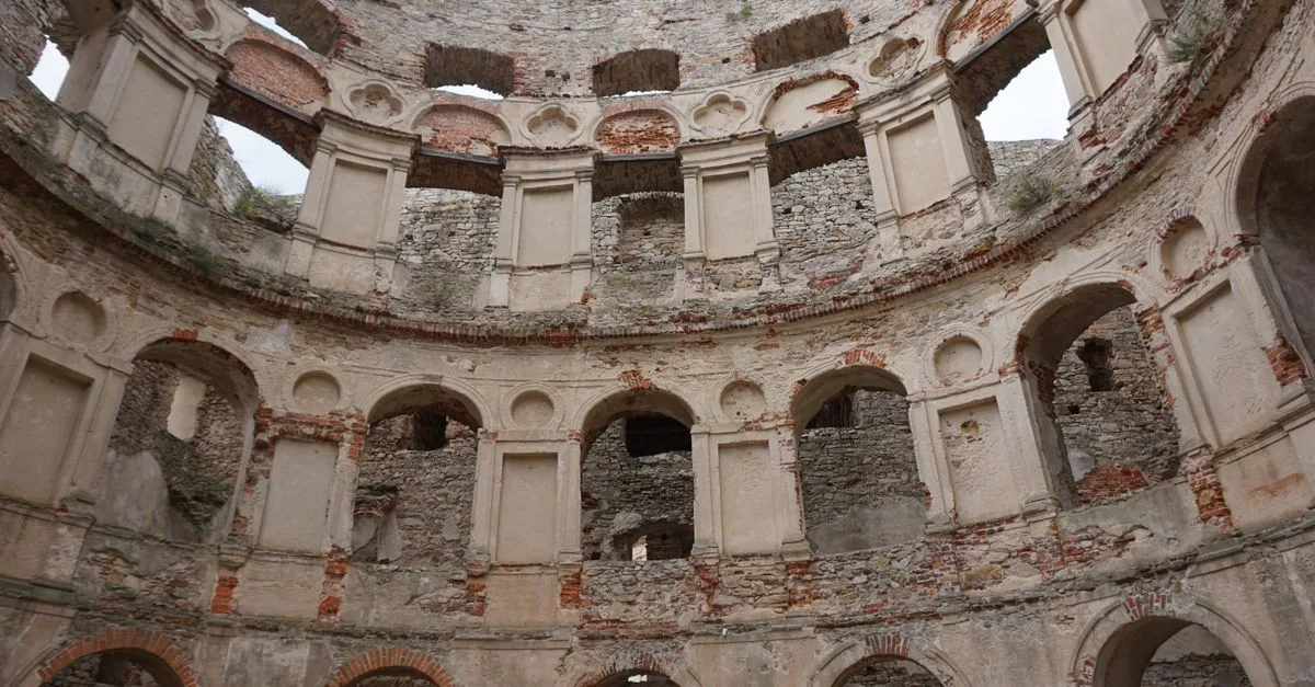 Interior of Krzyżtopór Castle ruins showing architectural details in Ujazd, Poland.