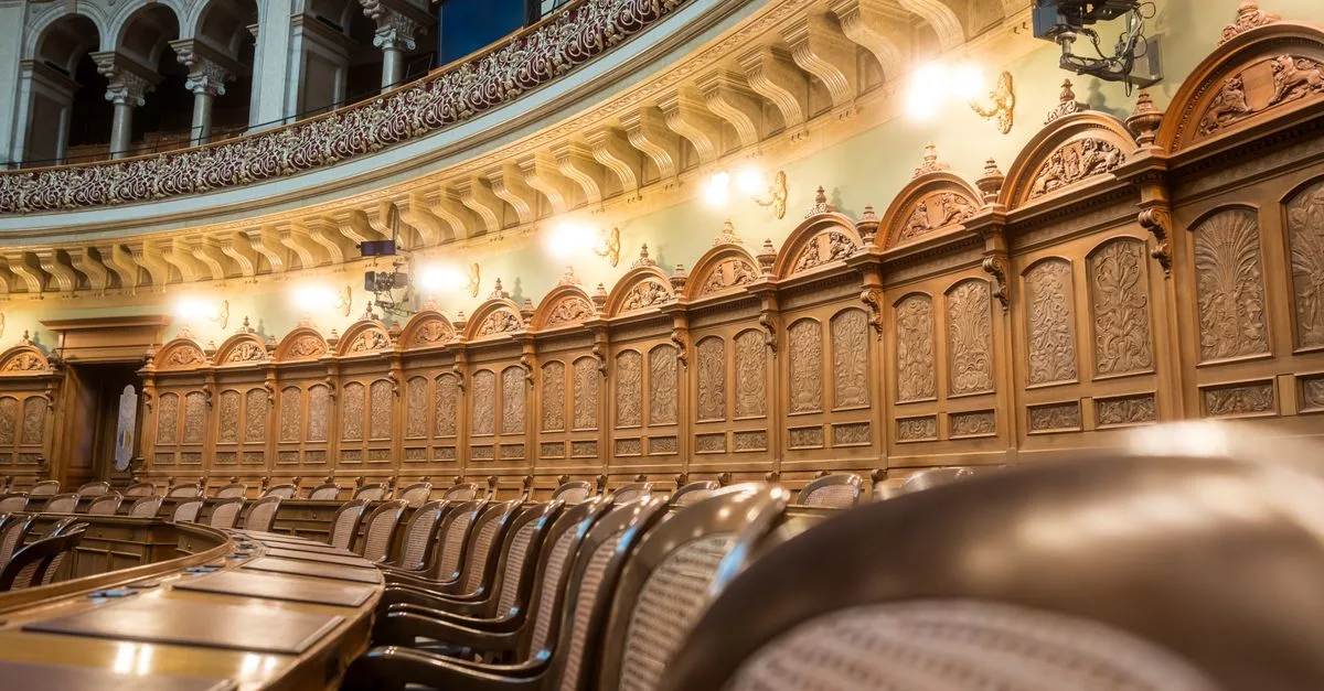 Interior view of the elegant Swiss Parliament council chamber in Bern, Switzerland.