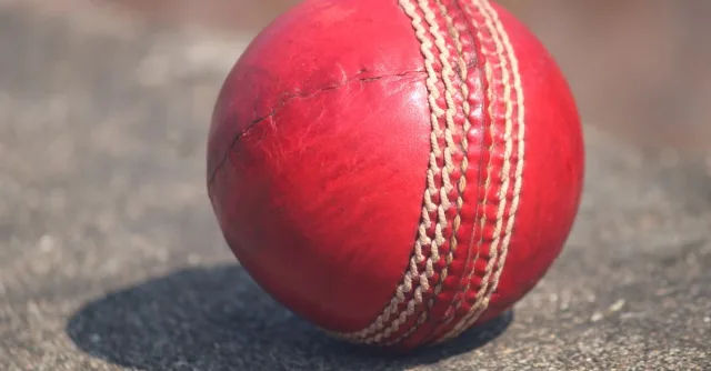 Detailed view of a textured red cricket ball outdoors in sunlight.