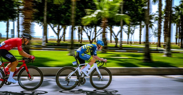 Two cyclists speed down a palm-lined street in Mersin, Türkiye on a sunny day.