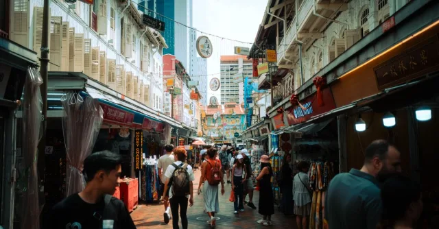 Vibrant street market in Singapore's Chinatown with tourists exploring shops and stalls under historic architecture.
