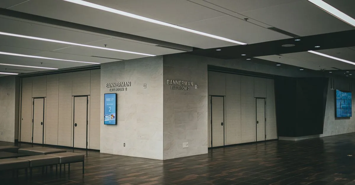 Modern minimalist interior of Bannerman ballrooms with sleek design and contemporary decor.