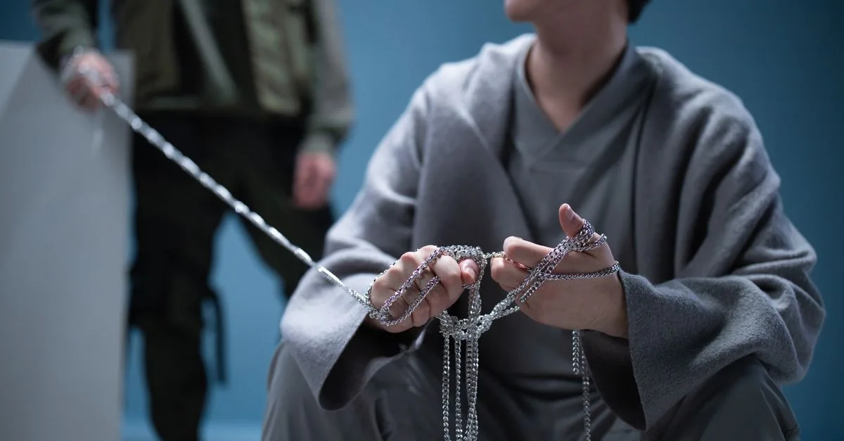 Contemplative scene with two people holding chains, artistic setting.