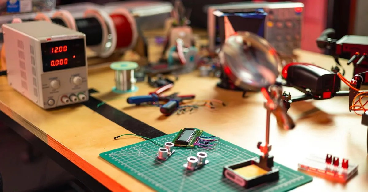 A detailed view of an electronics workshop with various tools and components on a workbench.