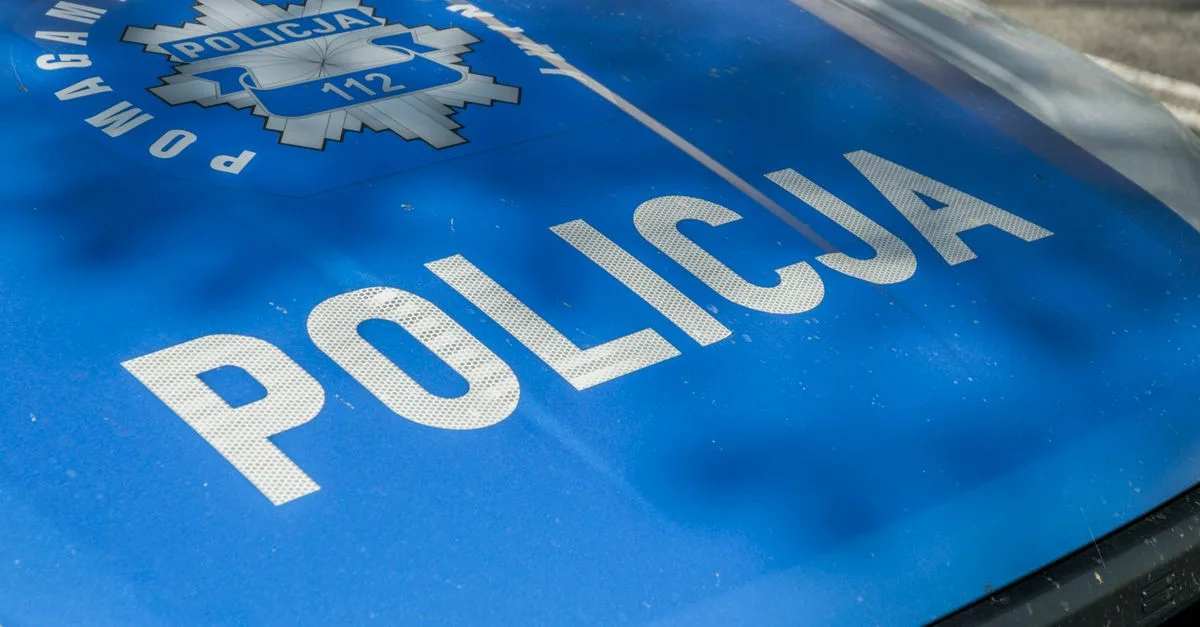 Detailed image of a Polish police car hood showing insignia and text 'Policja'.