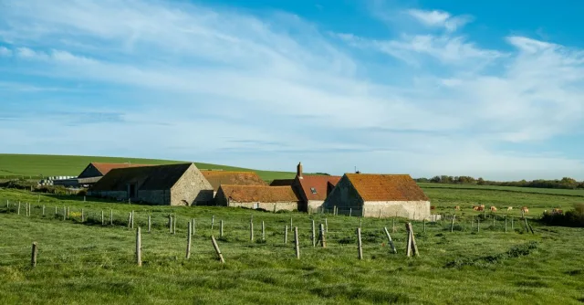 Charming rural farm scene under a bright blue sky in Escalles, Hauts-de-France.