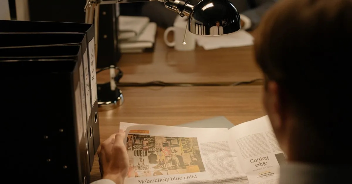 A person reads a newspaper at a desk with a lamp, suggesting investigation work.