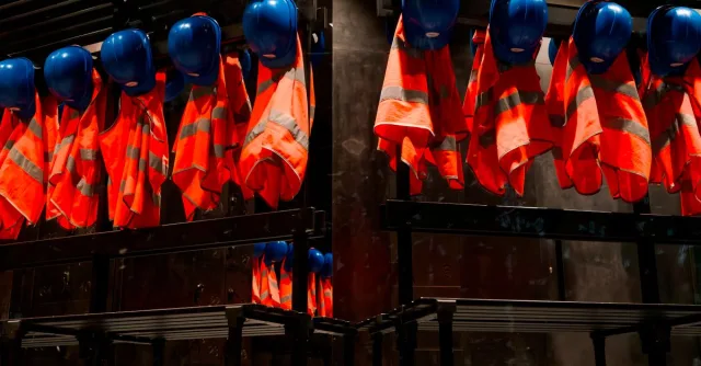 Row of orange safety vests and blue helmets hanging in industrial setting