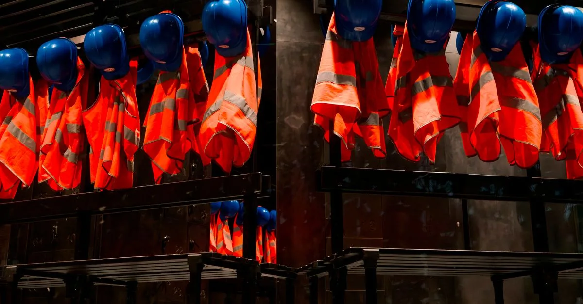 Row of orange safety vests and blue helmets hanging in industrial setting
