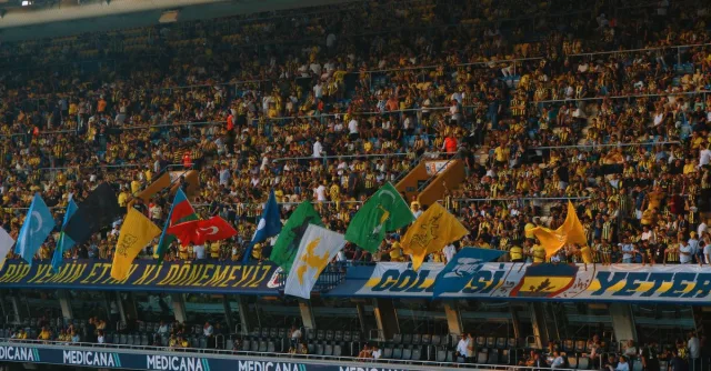Crowd of enthusiastic soccer fans with vibrant flags in a stadium.