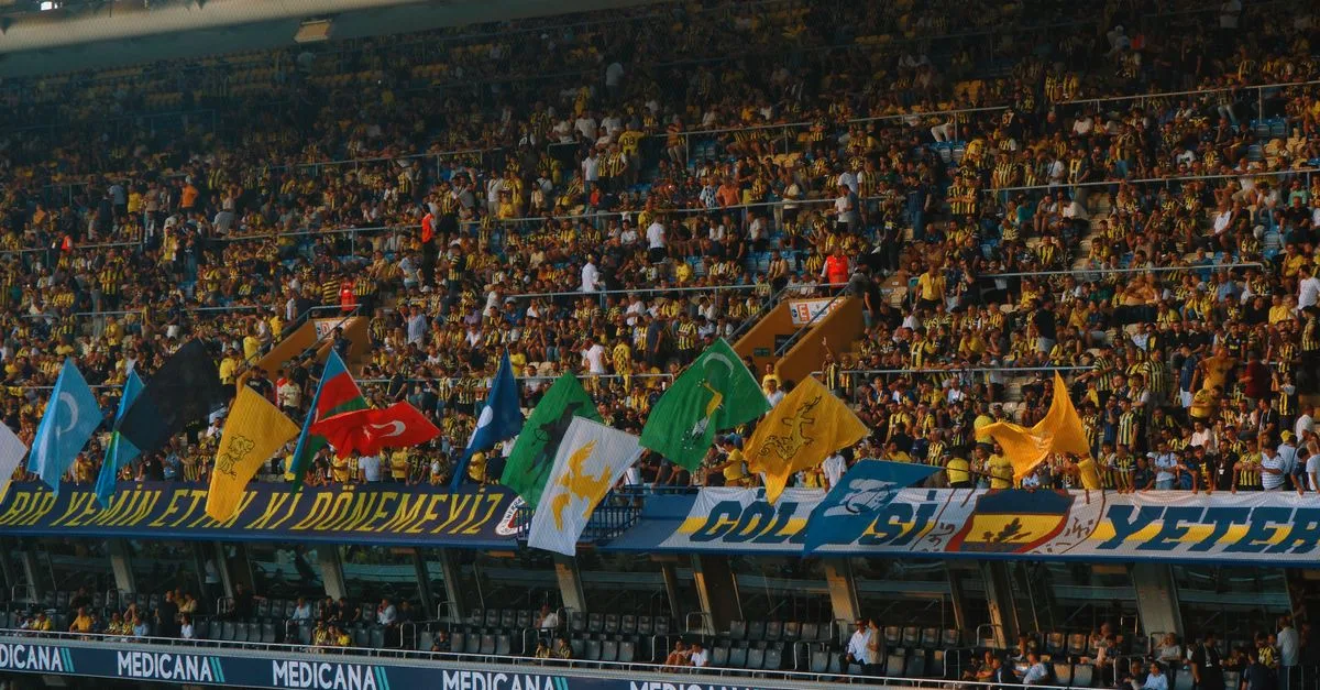 Crowd of enthusiastic soccer fans with vibrant flags in a stadium.