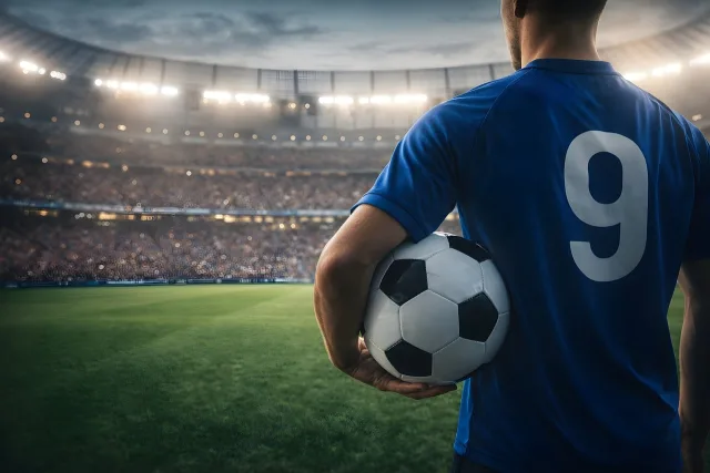 A wide shot of a professional football stadium under stadium lights during an evening match.