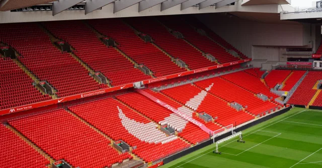 Aerial view of Anfield Stadium's iconic red seats and pitch, showcasing its architecture and design.