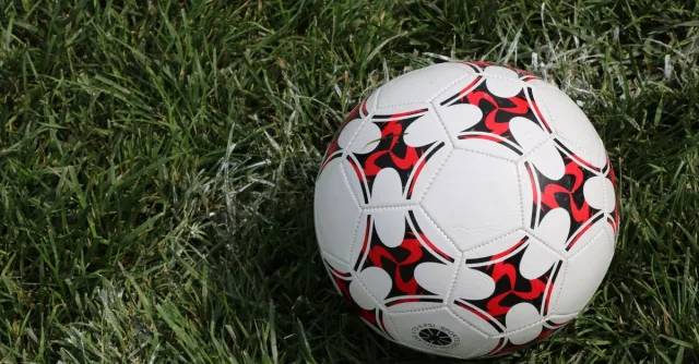 Detailed shot of a soccer ball with unique pattern on green grass. Ideal for sports themes.