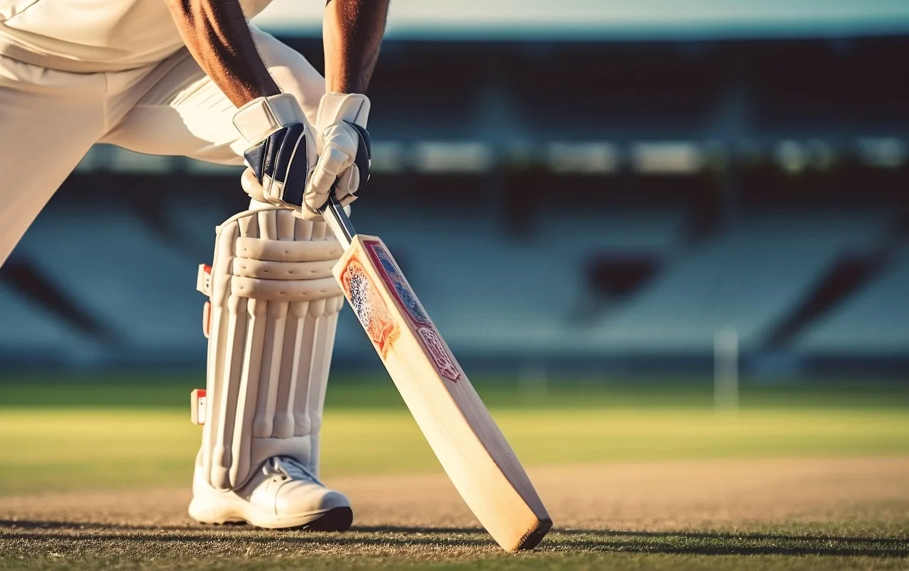 A professional cricket stadium with a green pitch under bright daylight.
