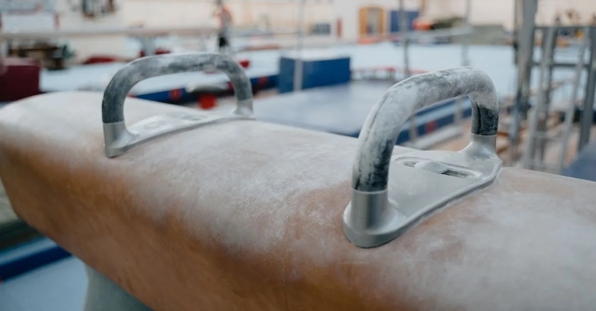 Detailed view of a pommel horse in an indoor gym with blurred background.