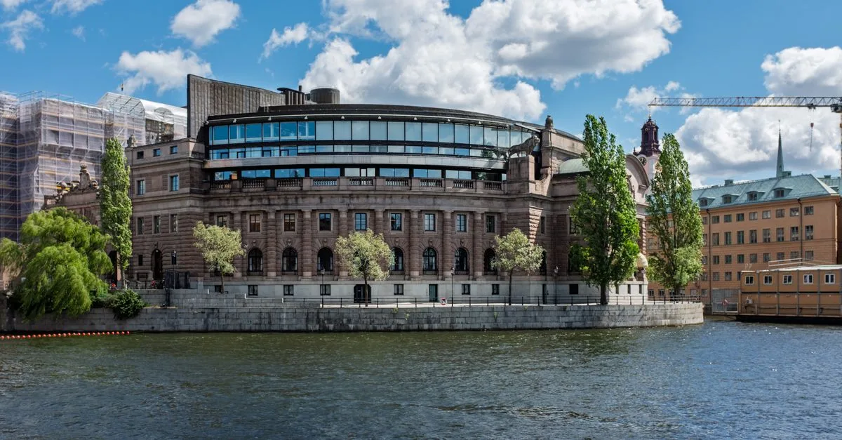 Riksdag building in Stockholm with clear skies and water view. Iconic Scandinavian architecture.
