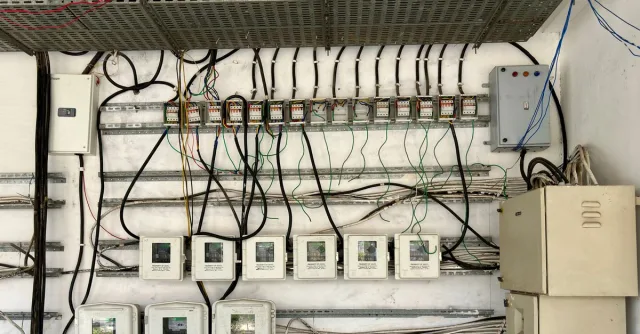 Complex network of electrical wiring and control panels in an industrial setting.