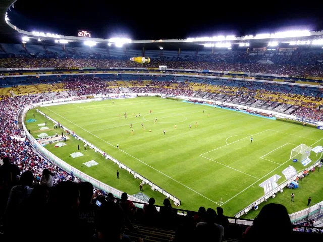 A view of a professional football stadium during a match.