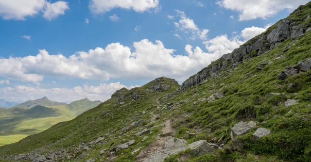 Explore a breathtaking mountain trail with lush meadows in Arosa, Switzerland.