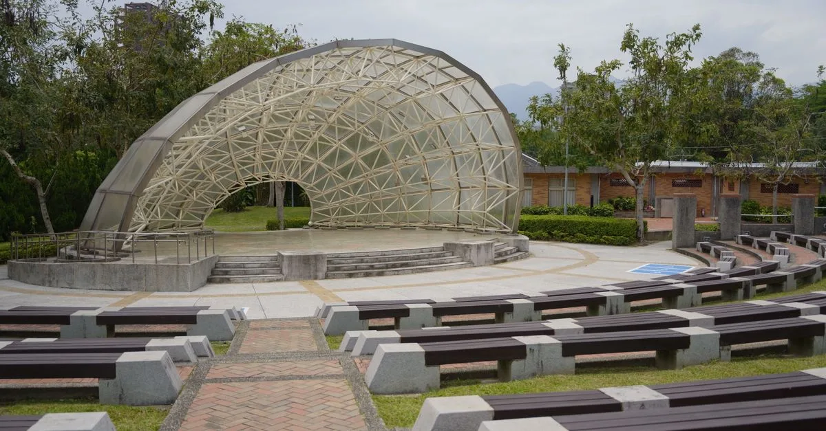 Scenic view of an open-air amphitheater with a geodesic dome in Taipei City, Taiwan.