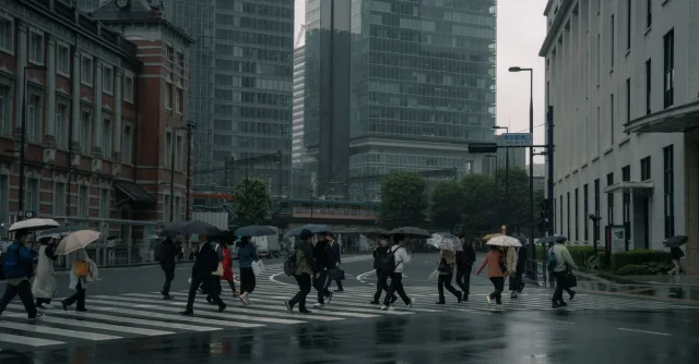 People crossing a Tokyo street under umbrellas amidst modern buildings on a rainy day.