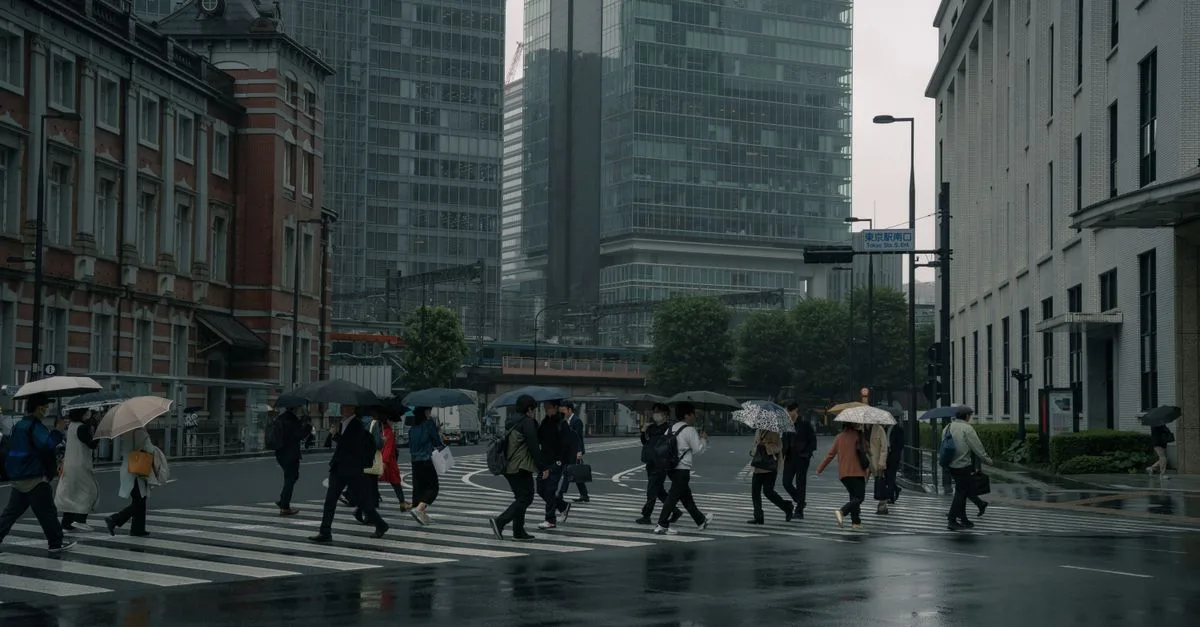 People crossing a Tokyo street under umbrellas amidst modern buildings on a rainy day.