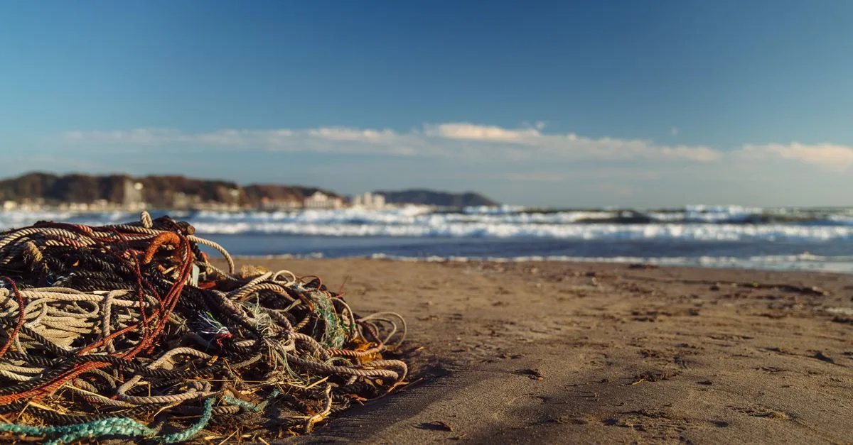 Colorful ropes piled on Kamakura beach, Japan, with ocean waves in the background.