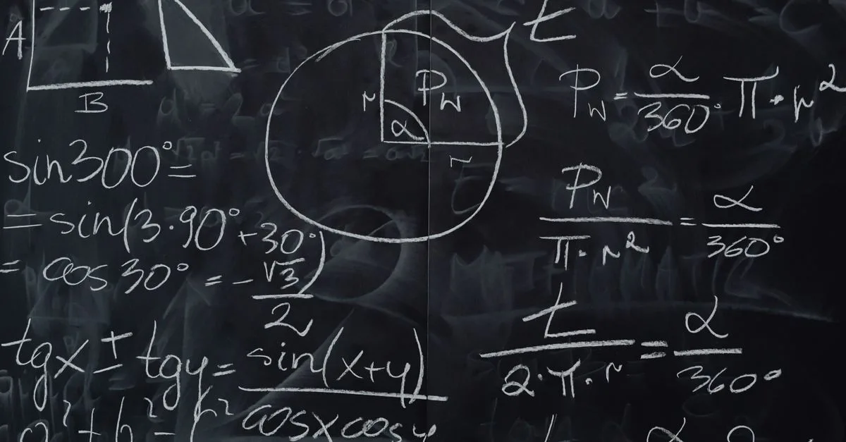 Complex trigonometric equations and geometric diagrams drawn on a classroom blackboard.