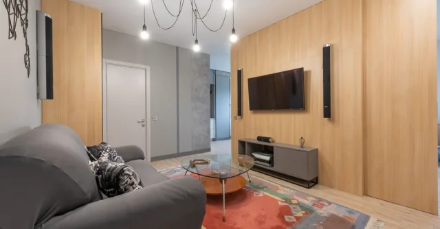 Modern apartment Interior with sofa with pillows near glass table on carpet near cabinet and TV with speakers near lamp on ceiling and door