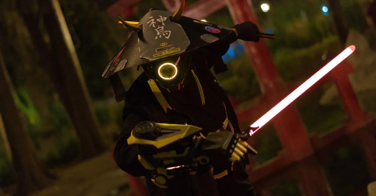 A captivating image of a futuristic samurai warrior cosplay illuminated by neon lights in a night environment.