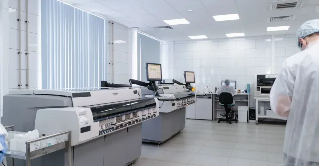 Bright and sterile laboratory featuring high-tech research equipment and professionals at work.