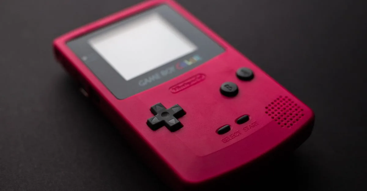 Red Nintendo Game Boy close-up showcasing retro gaming console design.
