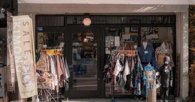 Explore this delightful secondhand kimono store in Kyoto, showcasing traditional Japanese fashion.