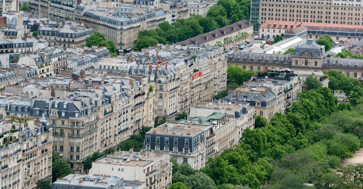 Stunning aerial view of classic Parisian architecture surrounded by greenery during summer.