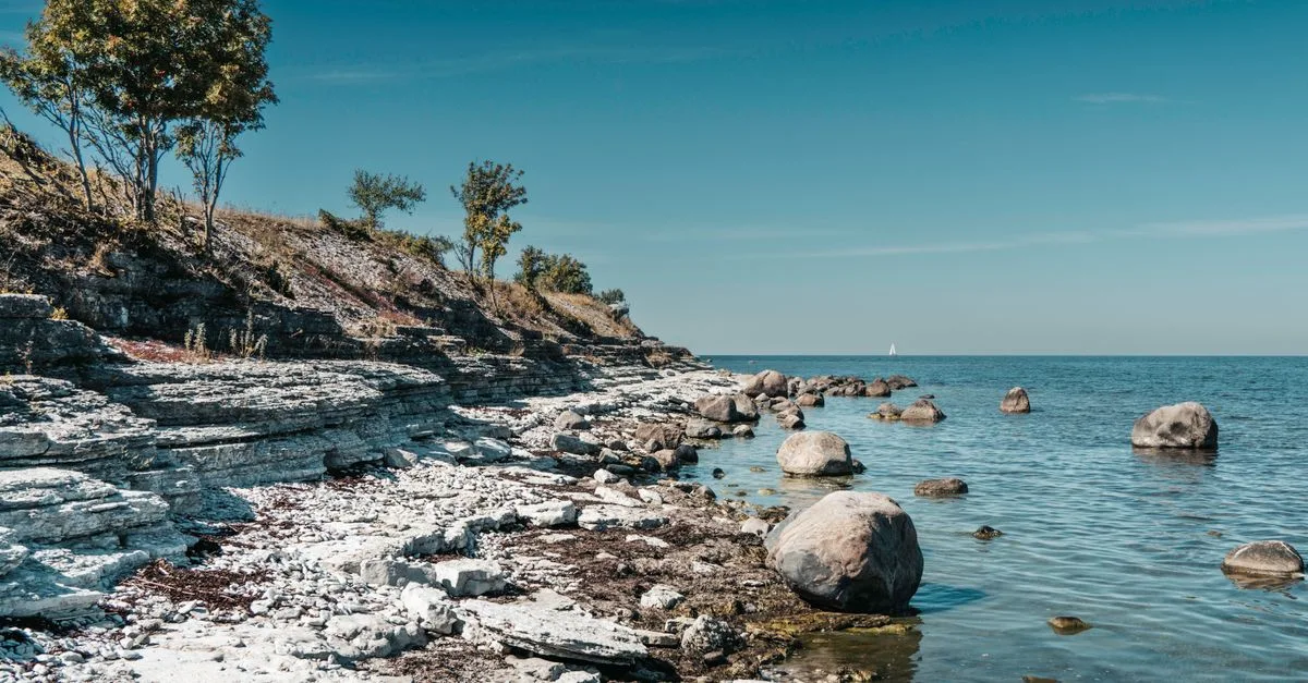 Beautiful rocky coastline under a clear blue sky, perfect for nature and travel imagery.