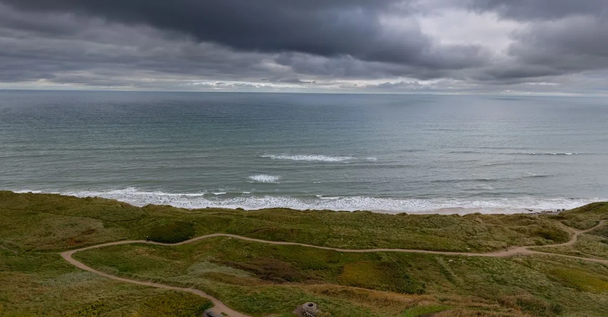 Overcast skies over North Sea coastline with grassy dunes in Hirtshals, Denmark.