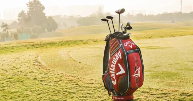 Professional golf bag with golf equipment standing on green golf field against trees and buildings on background in summer sunny morning