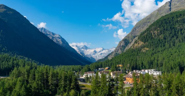 Beautiful village of Pontresina nestled in the Swiss Alps with lush greenery and clear blue skies.