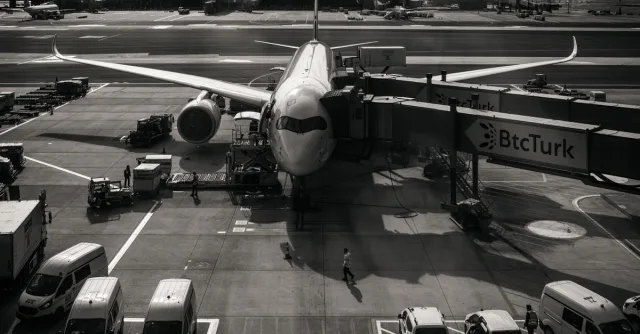 Monochrome image of airplane at airport gate with vehicles and jetway during the day.