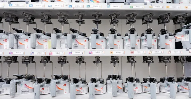 Organized industrial paint mixer station with multiple dispensers for accurate color mixing.